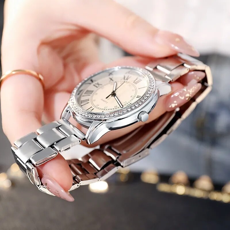 Steel Strap Simple Casual Women's Watch Retro Roman Rhinestone Luminous Quartz Watch Luxury Wrist Watches for Women Wholesale