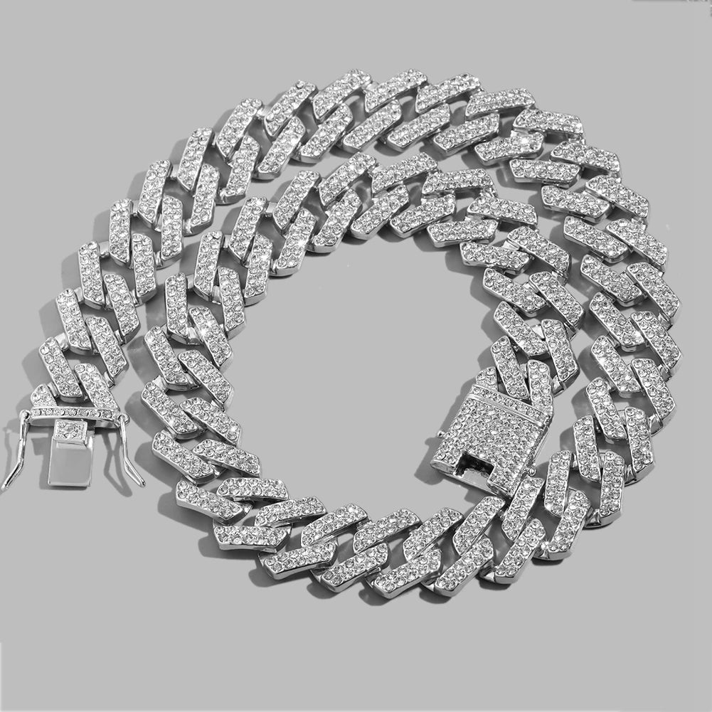Rhinestones Prong Cuban Link Chain 2 Row Crystal Curb Cuban Chain 13/14/20MM