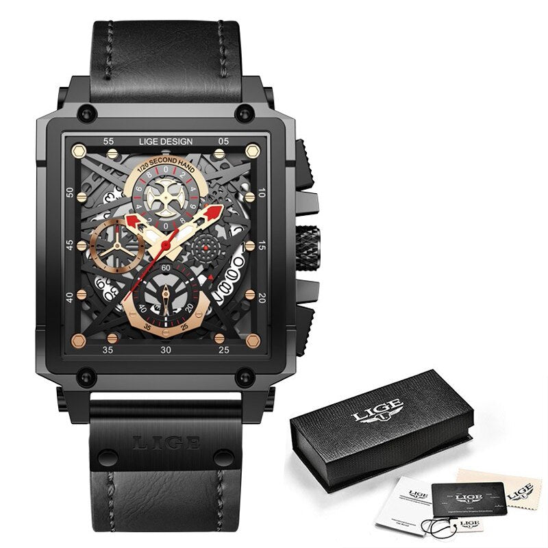 Men Watches Top Brand Luxury Hollow Square Sport Watch For Men Fashion Leather Strap Waterproof Quartz WristWatch