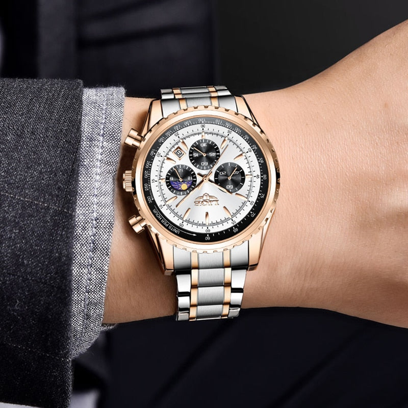 Fashion Mens Watch Stainless Steel Top Brand Luxury Sport Chronograph Quartz Wrist Watches for Men Relogio Masculino+Box