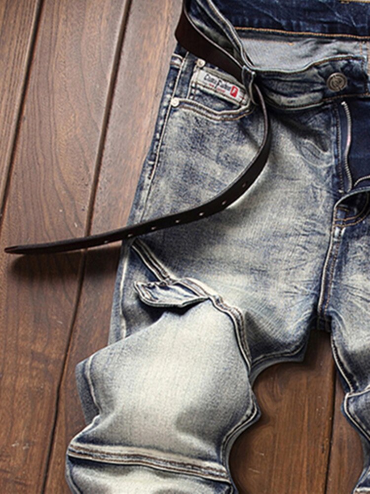New Retro Men Stitching Simple Jeans Personality Mid-Waist Slacks Fashion Zipper Motorcycle Hip Hop Clothing