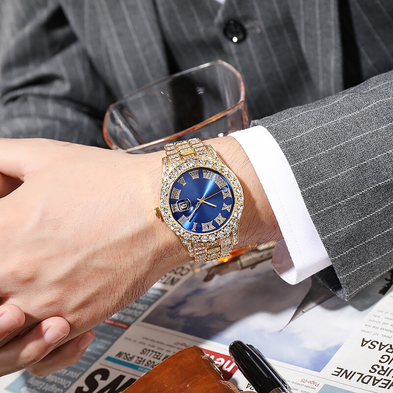 Steel Band Roman Scale Diamond Encrusted Calendar Quartz Watch Digital