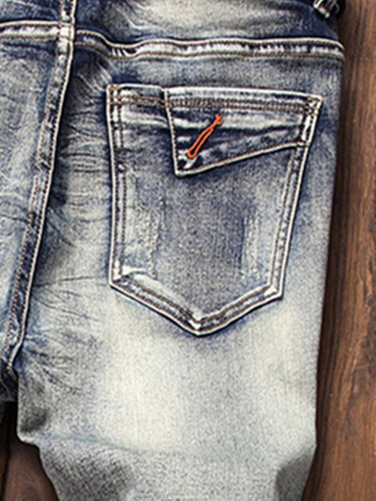 New Retro Men Stitching Simple Jeans Personality Mid-Waist Slacks Fashion Zipper Motorcycle Hip Hop Clothing