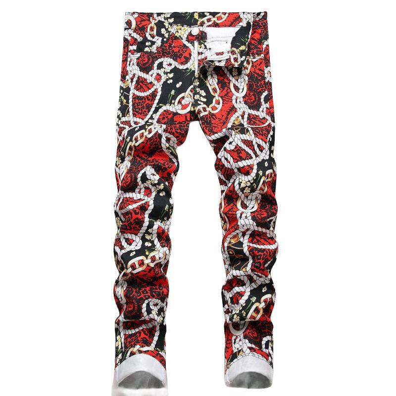 Men's Fashion Digital Print Jeans Mid-Waist Casual Slim Pencil Pants Motorcycle Hip Hop Streetwear For Men Trousers