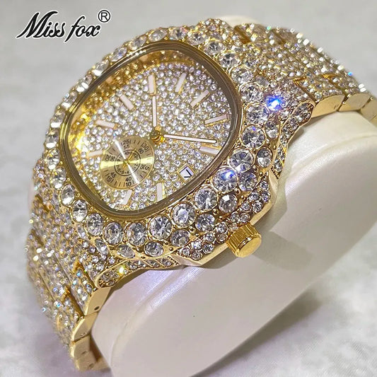 Fashion Iced Out Watches Men Luxury Full Diamond 18K Gold Automatic Date Clock Steel Waterproof Watch Male