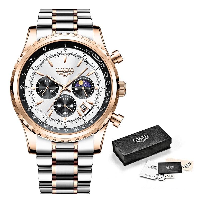 Fashion Mens Watch Stainless Steel Top Brand Luxury Sport Chronograph Quartz Wrist Watches for Men Relogio Masculino+Box