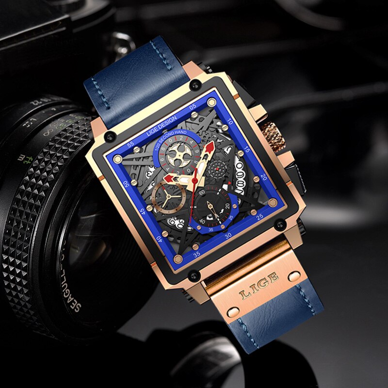 Men Watches Top Brand Luxury Hollow Square Sport Watch For Men Fashion Leather Strap Waterproof Quartz WristWatch