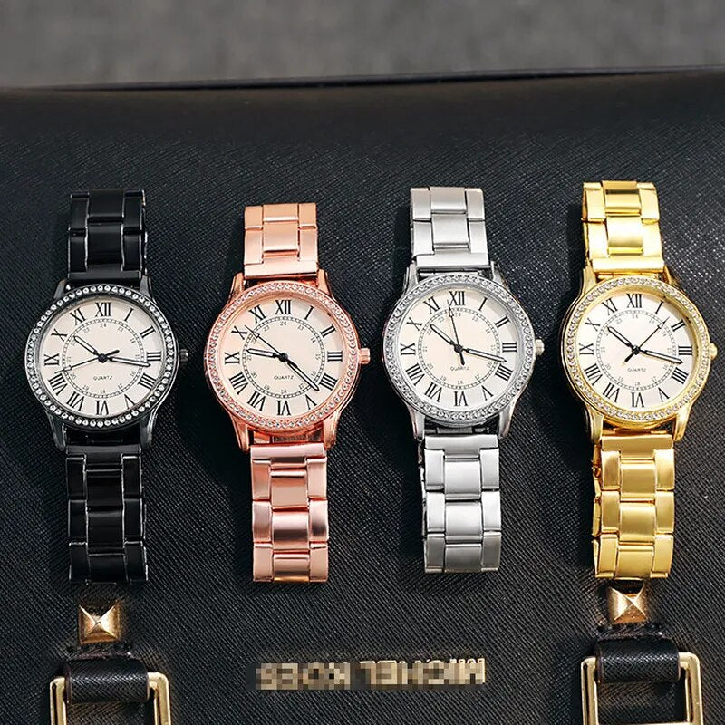 Steel Strap Simple Casual Women's Watch Retro Roman Rhinestone Luminous Quartz Watch Luxury Wrist Watches for Women Wholesale