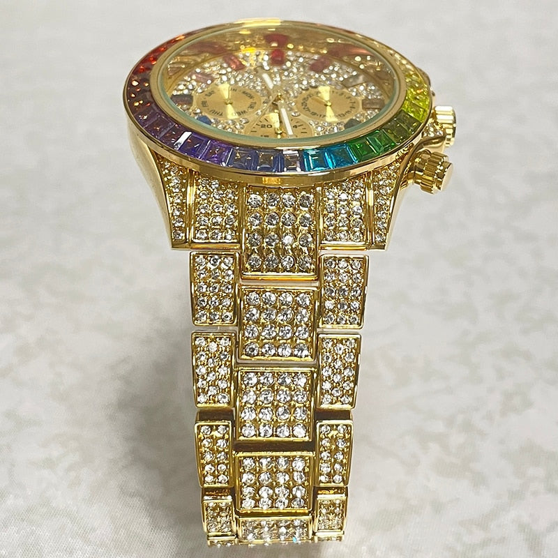 Luxury Brand Gold Watches Men Fashion Rainbow Diamond Waterproof Smart Watch Full Steel Sports Clocks