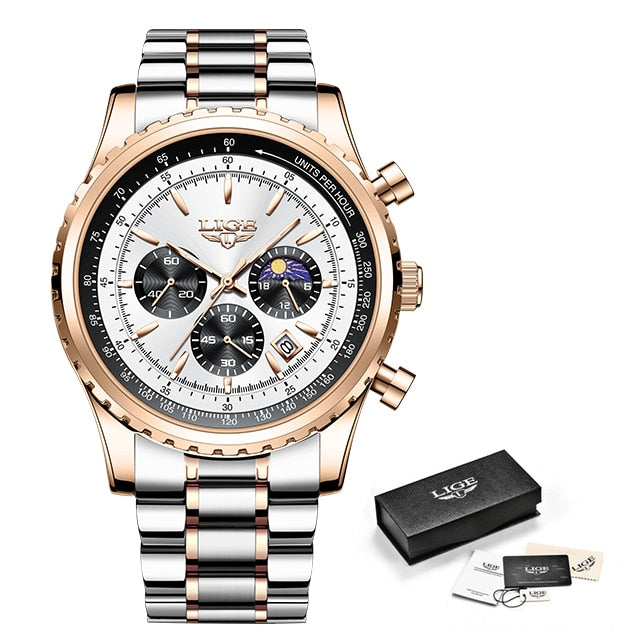 Fashion Mens Watch Stainless Steel Top Brand Luxury Sport Chronograph Quartz Wrist Watches for Men Relogio Masculino+Box