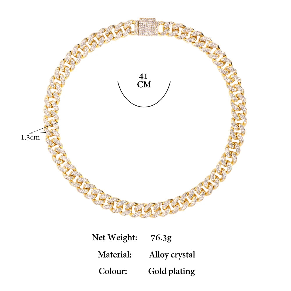 Rhinestones Prong Cuban Link Chain 2 Row Crystal Curb Cuban Chain 13/14/20MM