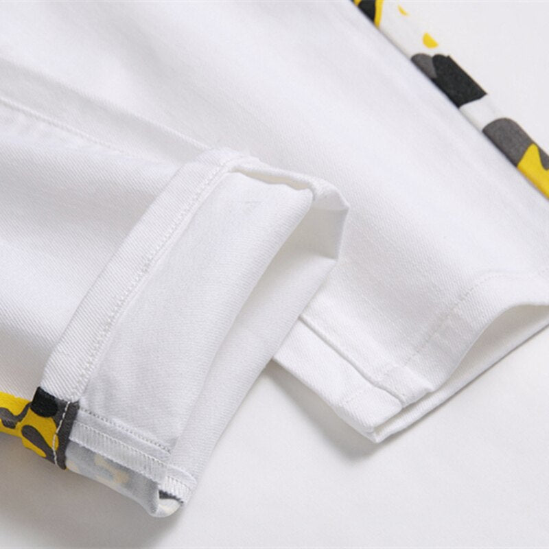 Autumn Winter White Camouflage Patchwork Jeans Mid-Waist Slim Stretch Hip Hop Pants Street Casual Wear