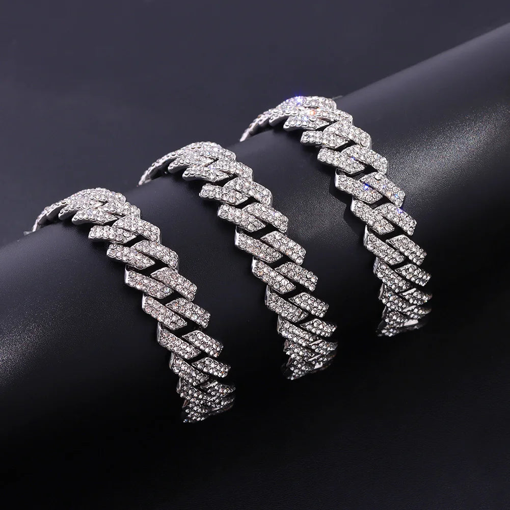 Rhinestones Prong Cuban Link Chain 2 Row Crystal Curb Cuban Chain 13/14/20MM