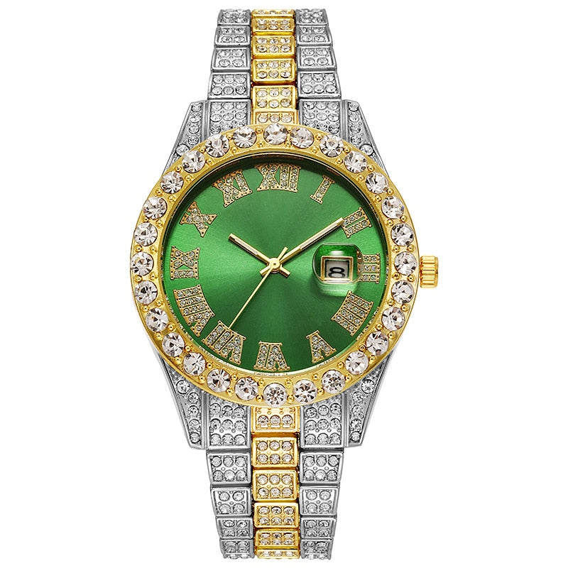 Steel Band Roman Scale Diamond Encrusted Calendar Quartz Watch Digital