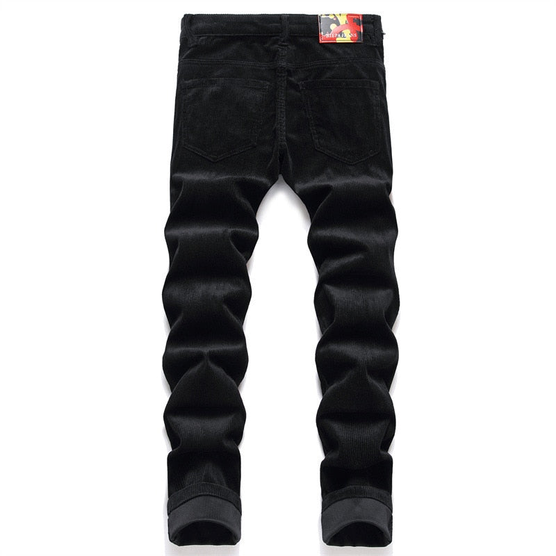 Men Casual Black Pants Denim Corduroy Mid-Waist Letter-Embroidered Spring Autumn Clothing