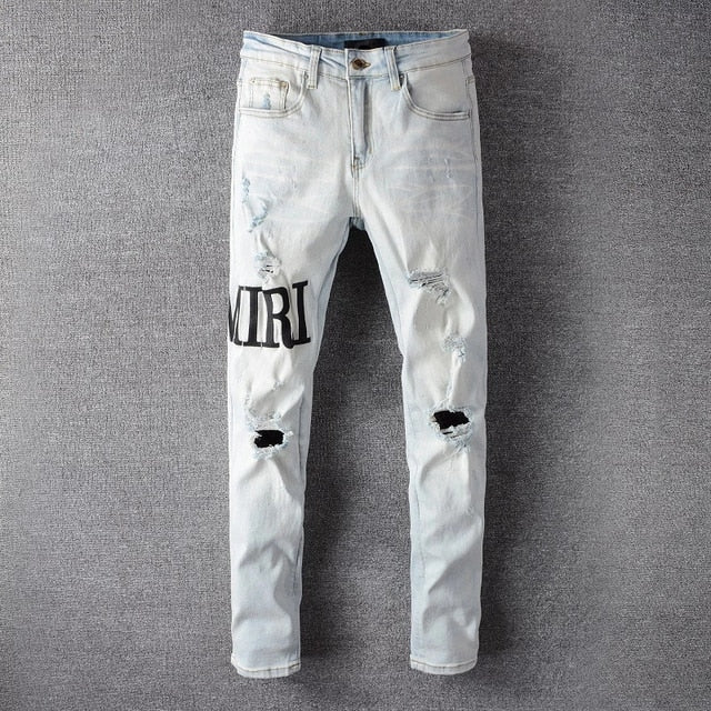 Fashion Patch Ripped Blue Jeans Men Slim Fit Designer Washed Denim Jeans Trousers Men Hip Hop DJ Party Jeans Punk Rock Pants