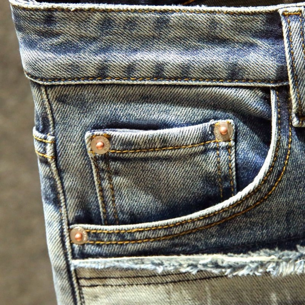 Men denim jeans straight worn hole jeans Europe and America classic old pants cargo pants
