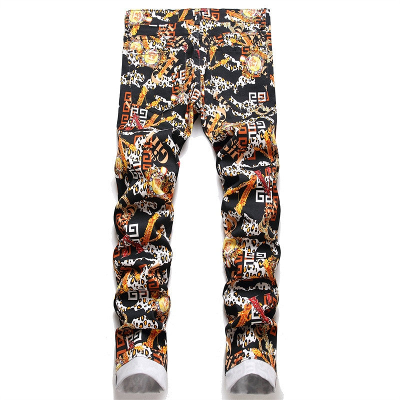 Men's Fashion Digital Print Jeans Mid-Waist Casual Slim Pencil Pants Motorcycle Hip Hop Streetwear For Men Trousers