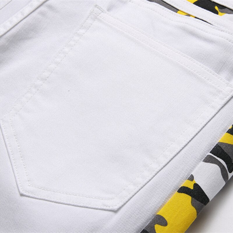 Autumn Winter White Camouflage Patchwork Jeans Mid-Waist Slim Stretch Hip Hop Pants Street Casual Wear
