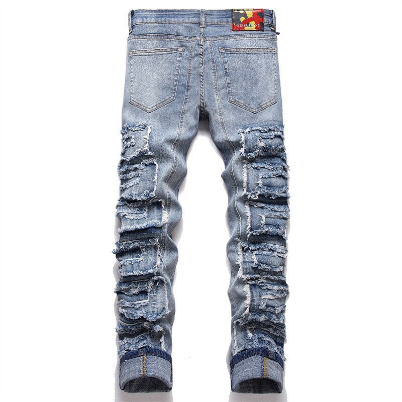 Trend Blue Hole Slim Seans Autumn Stickers Fashion Biker Pencil Pants Mid-Waists Casual Men Clothing