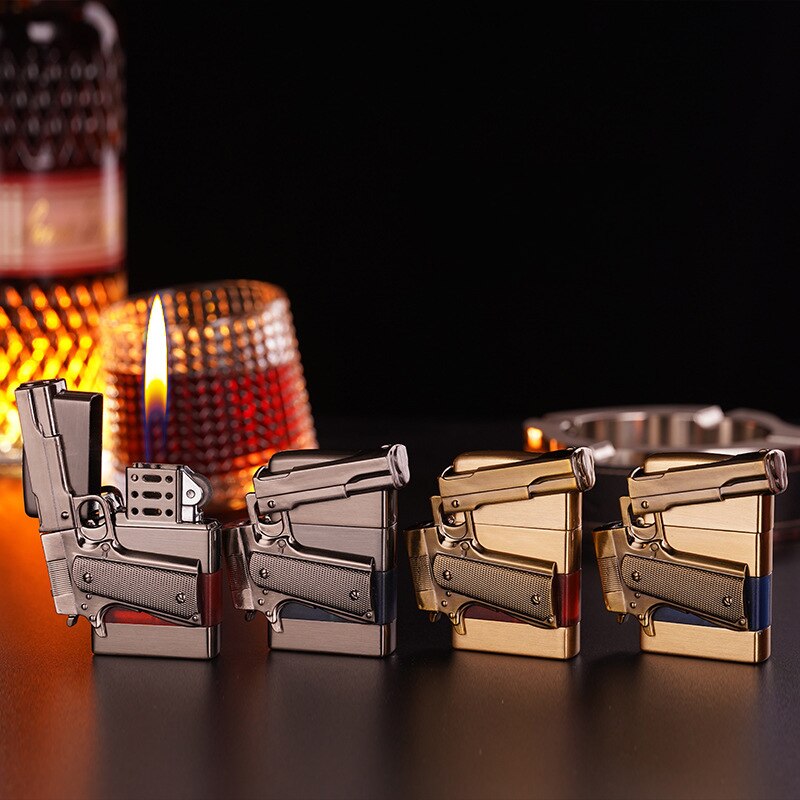 HOT SELLER! Metal Gas Pistol Shape Lighter Transparent Oil Tank Retro Grinding Wheel Cigar Windproof Lighter For Men Cigarette Accessories