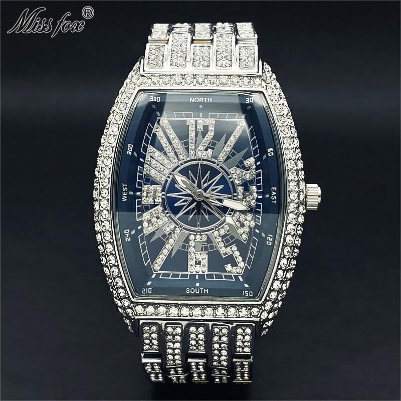 Luxury Mens Watches Fashion Hip Hop Iced Diamond Waterproof Tonneau AAA Quartz Wristwatch