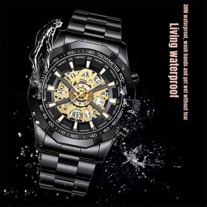 Mens Watches Top Brand Luxury Stainless Steel Waterproof Hollow Out Blue Big Male Wristwatches