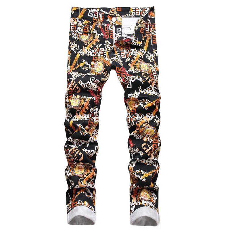 Men's Fashion Digital Print Jeans Mid-Waist Casual Slim Pencil Pants Motorcycle Hip Hop Streetwear For Men Trousers