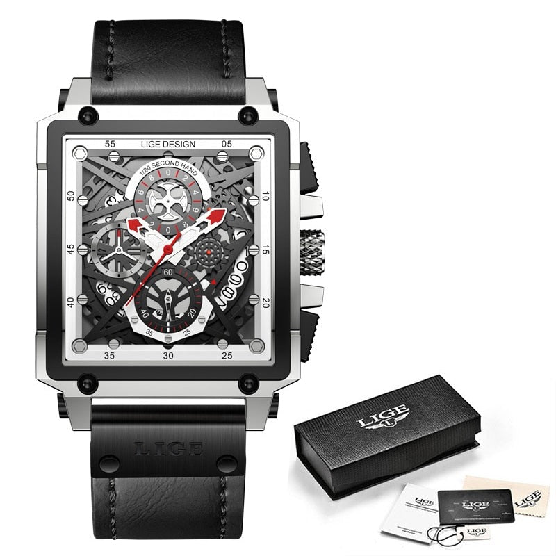 Men Watches Top Brand Luxury Hollow Square Sport Watch For Men Fashion Leather Strap Waterproof Quartz WristWatch
