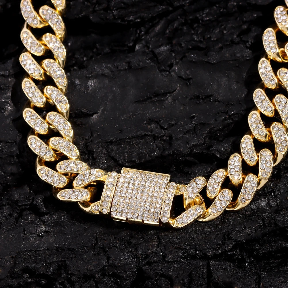 Rhinestones Prong Cuban Link Chain 2 Row Crystal Curb Cuban Chain 13/14/20MM