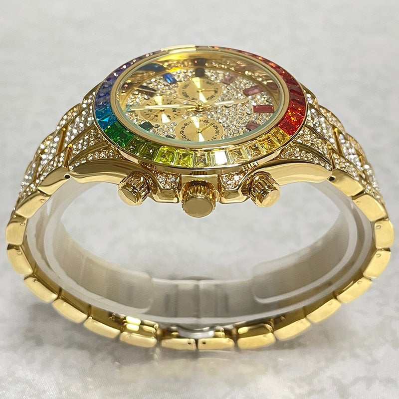 Luxury Brand Gold Watches Men Fashion Rainbow Diamond Waterproof Smart Watch Full Steel Sports Clocks