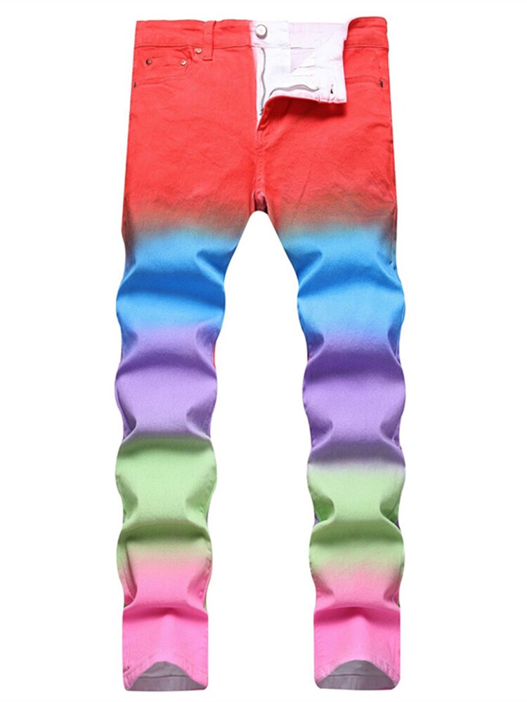 Summer New Colorful Match Color Jeans Men Mid-Waist Elastic Slim Pants Street Personality Fashion Casual Clothing