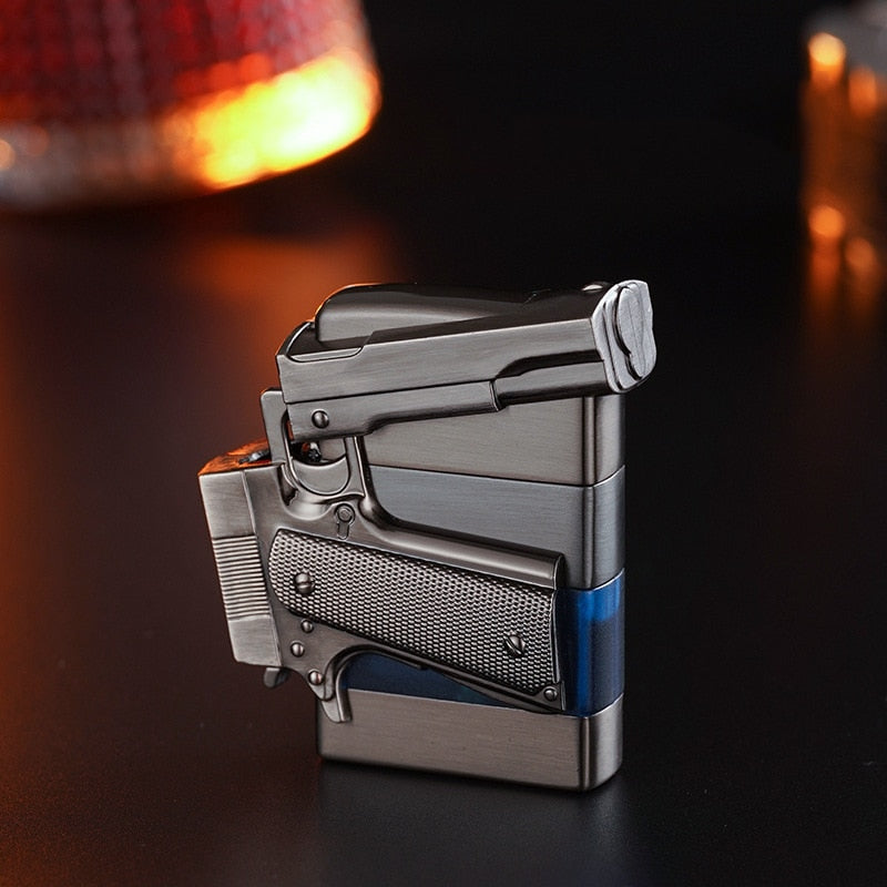 HOT SELLER! Metal Gas Pistol Shape Lighter Transparent Oil Tank Retro Grinding Wheel Cigar Windproof Lighter For Men Cigarette Accessories
