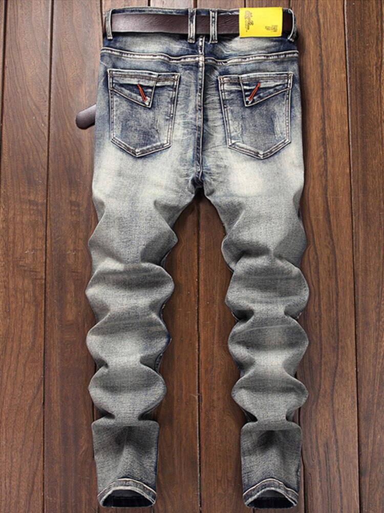 New Retro Men Stitching Simple Jeans Personality Mid-Waist Slacks Fashion Zipper Motorcycle Hip Hop Clothing