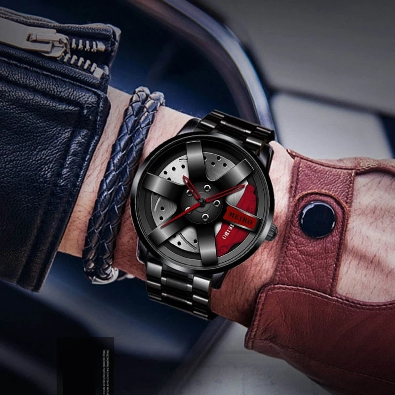 Fashion Mens Car Wheel Watches Luxury Stainless Steel Waterproof Watch for Men Quartz Wrist Watches Male Clock
