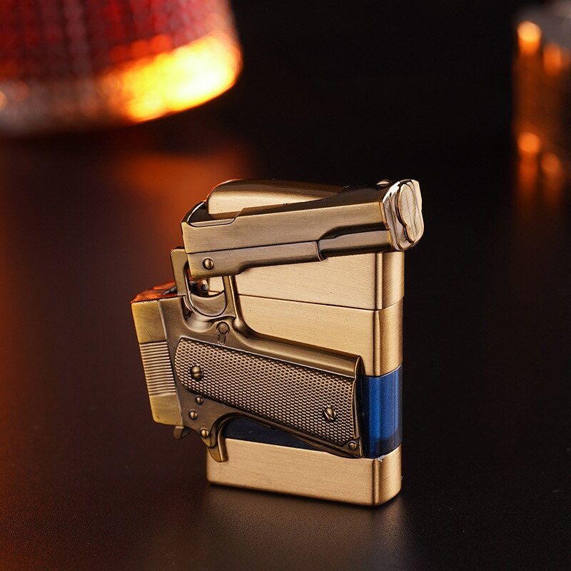 HOT SELLER! Metal Gas Pistol Shape Lighter Transparent Oil Tank Retro Grinding Wheel Cigar Windproof Lighter For Men Cigarette Accessories