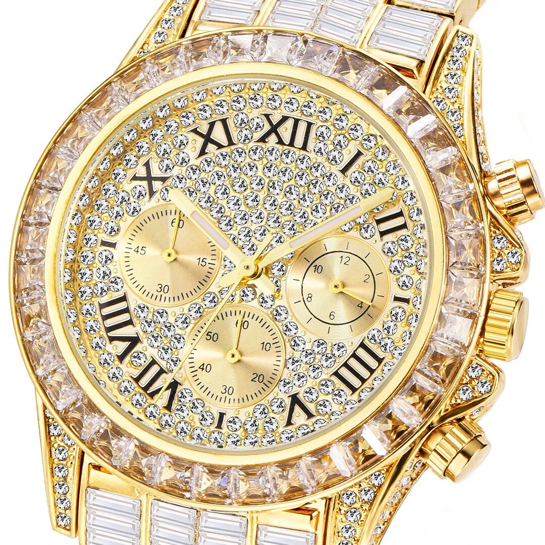 Fashion Luxury 18K Gold Watch For Men Iced Out Waterproof Wrist Watches Full Diamond Clocks Male Gift Reloj Hombre
