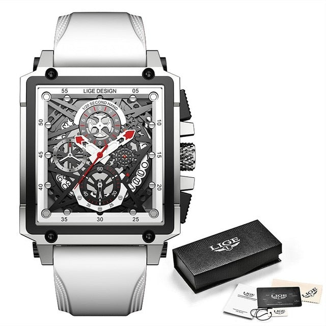 Men Watches Top Brand Luxury Hollow Square Sport Watch For Men Fashion Leather Strap Waterproof Quartz WristWatch