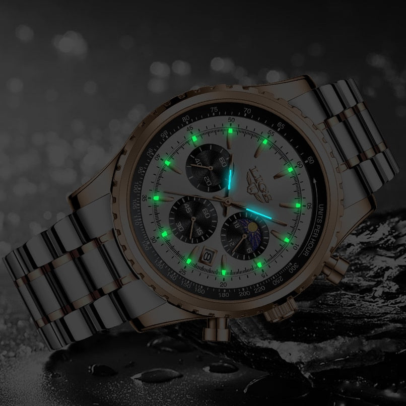 Fashion Mens Watch Stainless Steel Top Brand Luxury Sport Chronograph Quartz Wrist Watches for Men Relogio Masculino+Box