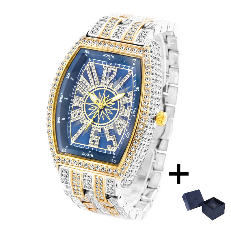 Luxury Mens Watches Fashion Hip Hop Iced Diamond Waterproof Tonneau AAA Quartz Wristwatch