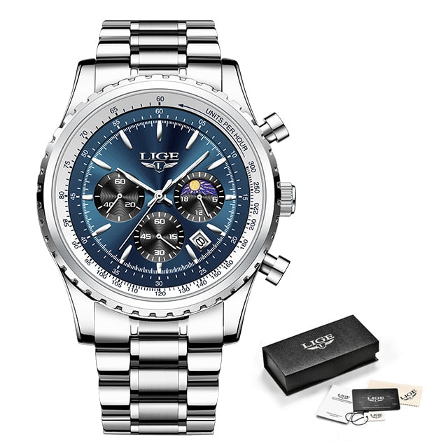 Fashion Mens Watch Stainless Steel Top Brand Luxury Sport Chronograph Quartz Wrist Watches for Men Relogio Masculino+Box
