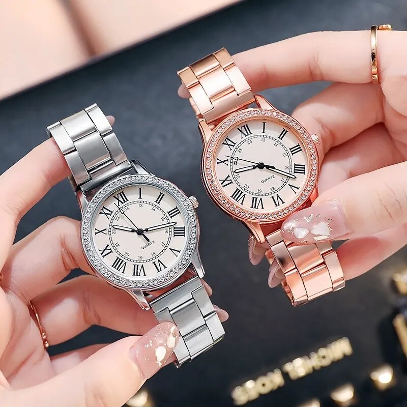 Steel Strap Simple Casual Women's Watch Retro Roman Rhinestone Luminous Quartz Watch Luxury Wrist Watches for Women Wholesale