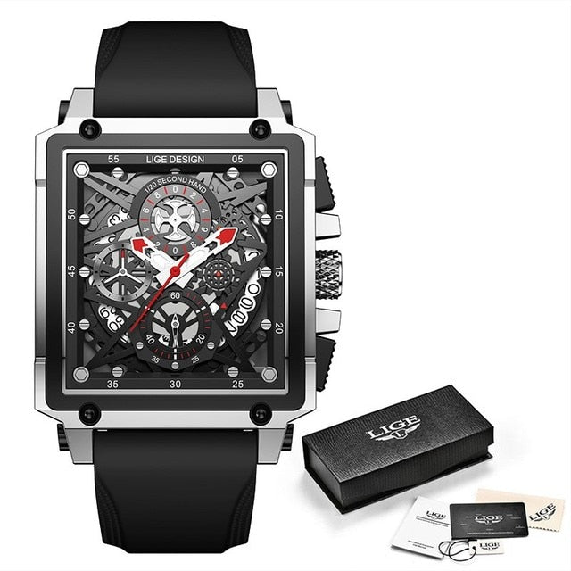 Men Watches Top Brand Luxury Hollow Square Sport Watch For Men Fashion Leather Strap Waterproof Quartz WristWatch