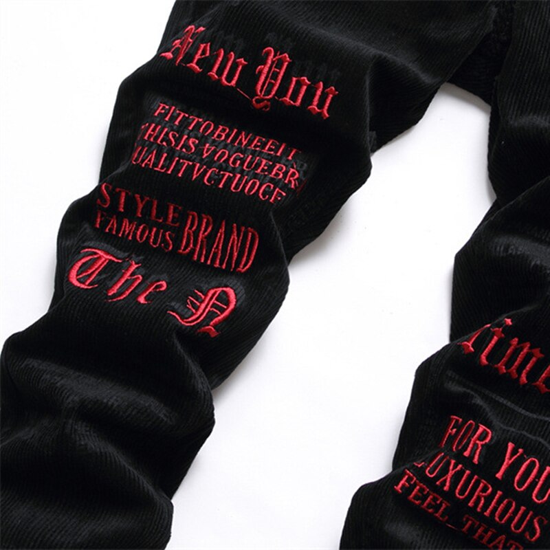 New Style Men Black Jeans Corduroy Casual Letter Embroidered Fashion Trousers Mid-Waist