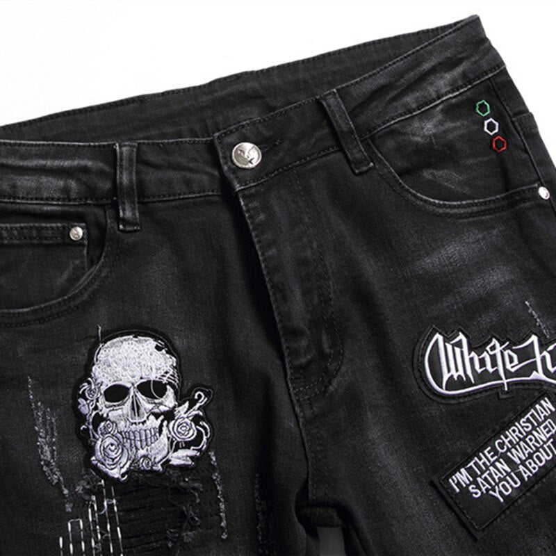 New Ripped Black Jeans Men Fashion Skull Embroidery Slim Stretch Pants Nightclub Motorcycle Trend Clothing