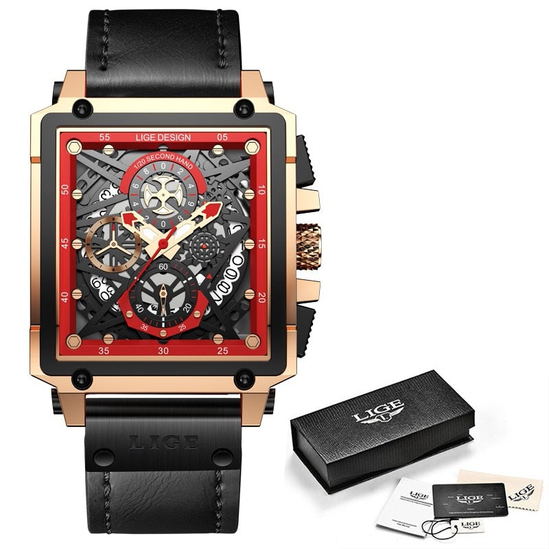 Men Watches Top Brand Luxury Hollow Square Sport Watch For Men Fashion Leather Strap Waterproof Quartz WristWatch