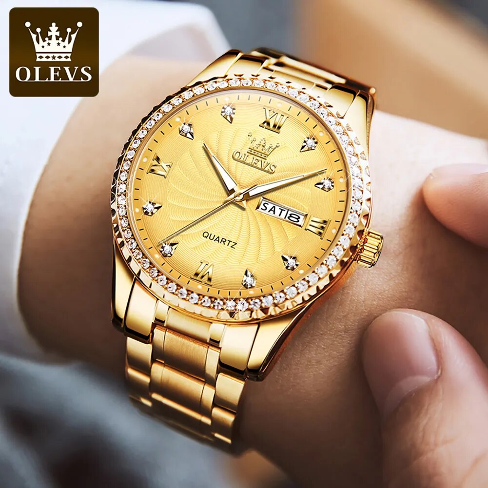 OLEVS Fashion Casual Quartz Men Wristwatches Golden Diamond-encrusted Luxury Business Waterproof Male Watches Relogios Masculino