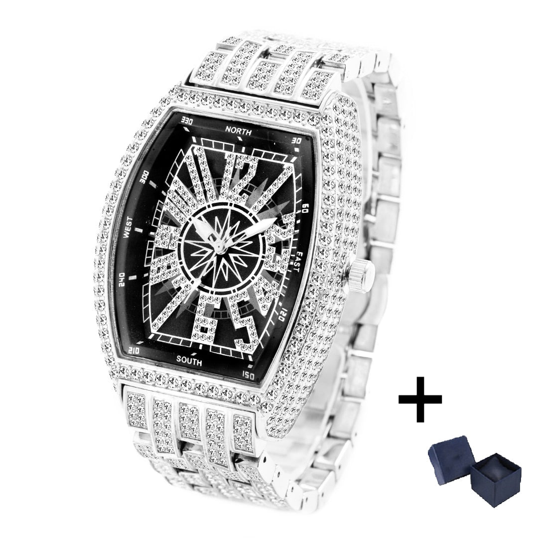 Luxury Mens Watches Fashion Hip Hop Iced Diamond Waterproof Tonneau AAA Quartz Wristwatch