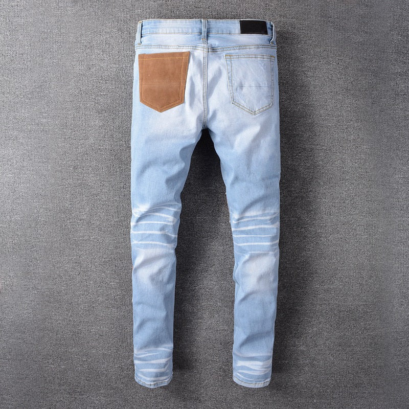Fashion Patch Ripped Blue Jeans Men Slim Fit Designer Washed Denim Jeans Trousers Men Hip Hop DJ Party Jeans Punk Rock Pants