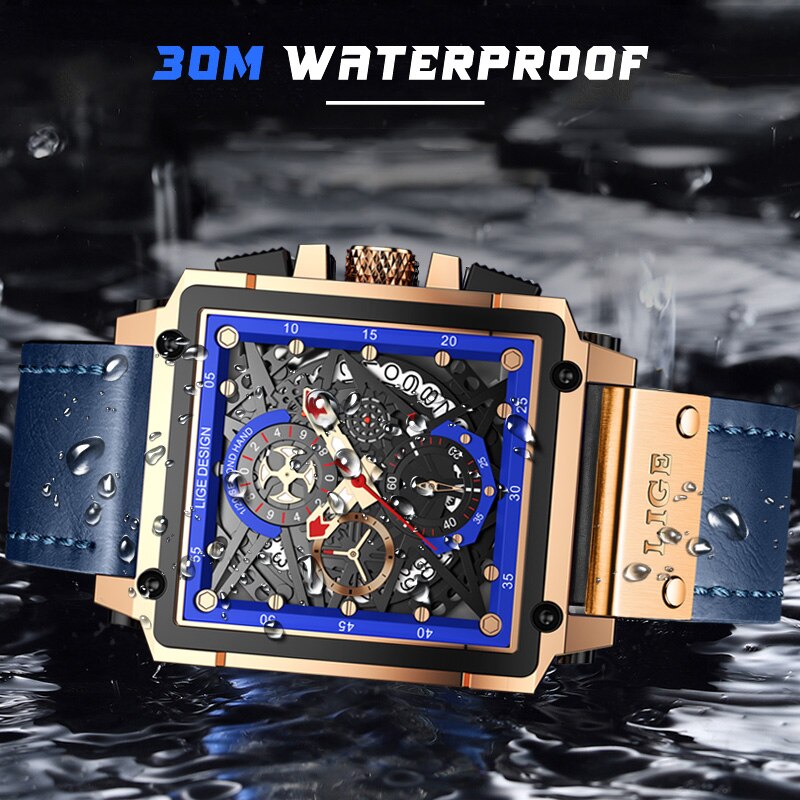 Men Watches Top Brand Luxury Hollow Square Sport Watch For Men Fashion Leather Strap Waterproof Quartz WristWatch